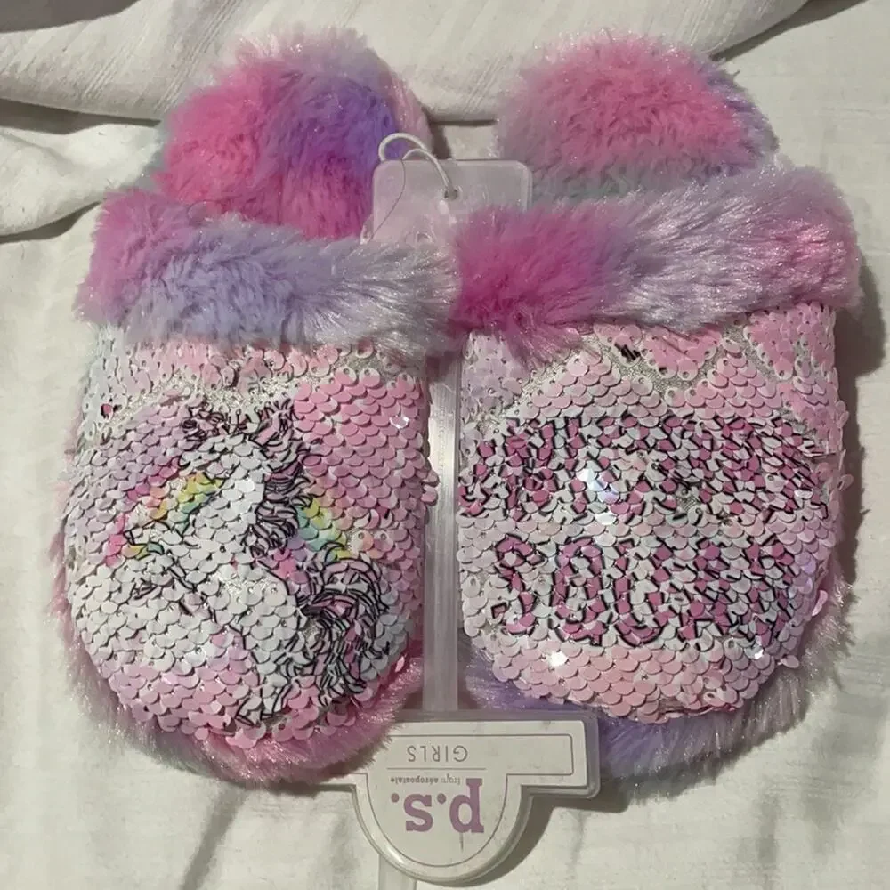Aeropostale 11/12 slide on slipper sequined that flips NWT and perfect unicorn